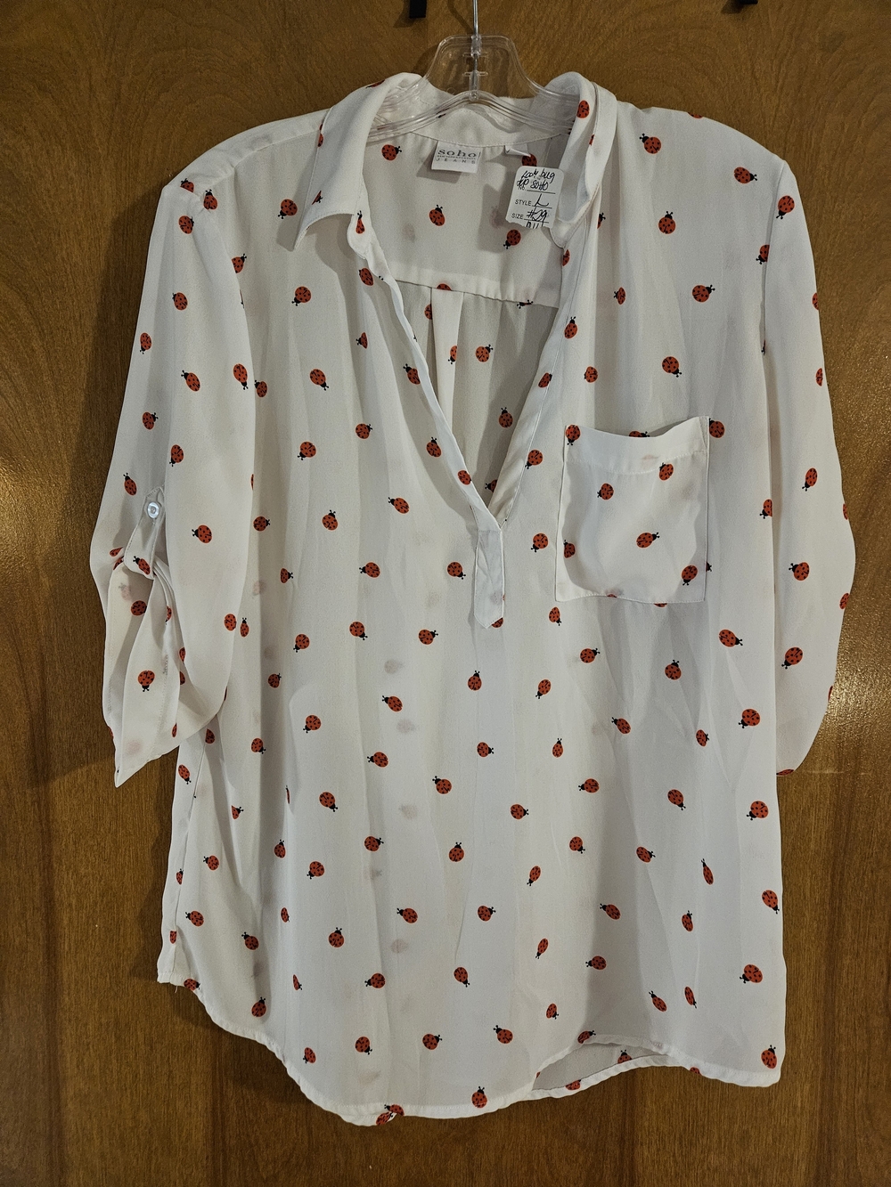 New York & Company White Blouse with Red Ladybug Print
